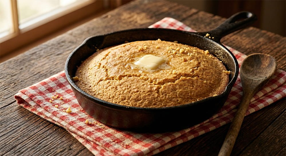 Freshly baked, golden-brown cornbread in a rustic black cast iron skillet with a pat of butter melting on top, sitting on a wooden table.