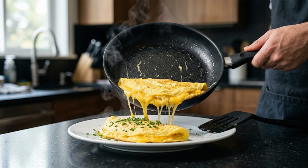 A perfectly cooked, cheesy folded omelet sliding smoothly out of a black non-stick frying pan onto a white plate.