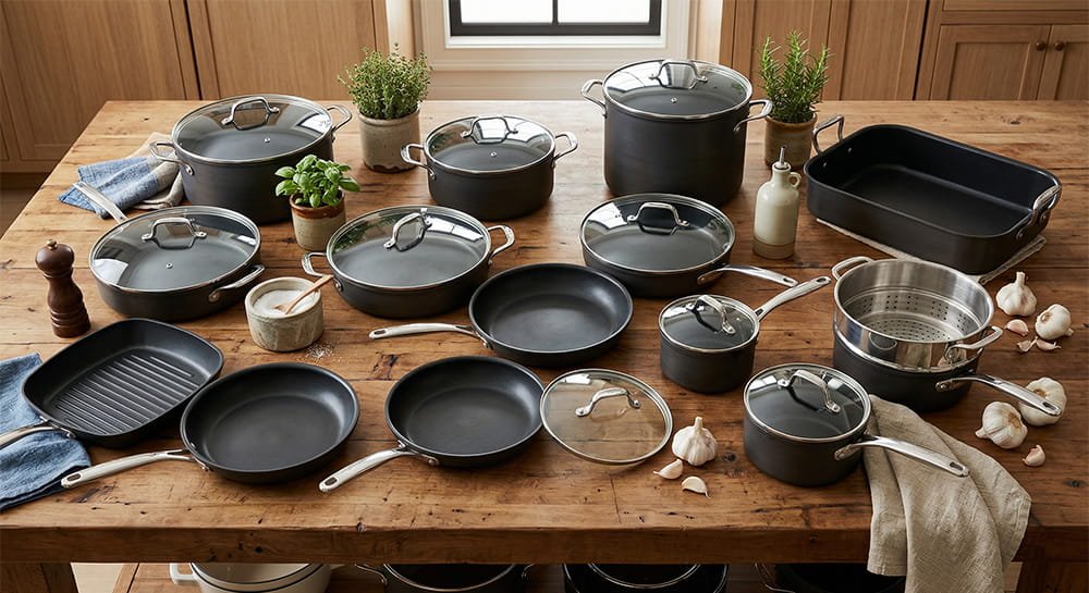 A massive 22-piece cookware set, including various pots, skillets, and glass lids, laid out beautifully on a rustic wooden kitchen island.
