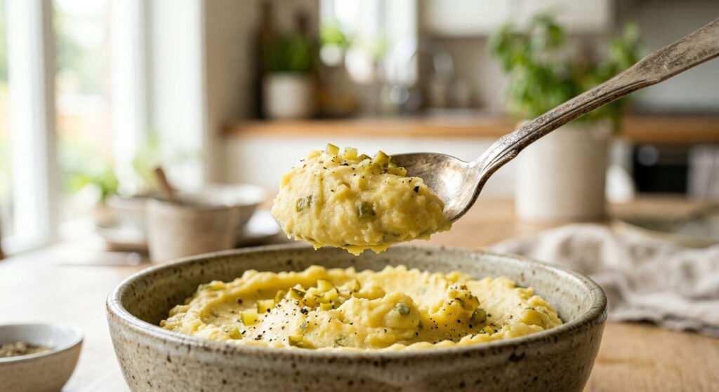 Close-up of an antique silver spoon holding a creamy scoop of yellow mustard mashed potato salad with sweet pickle specks.