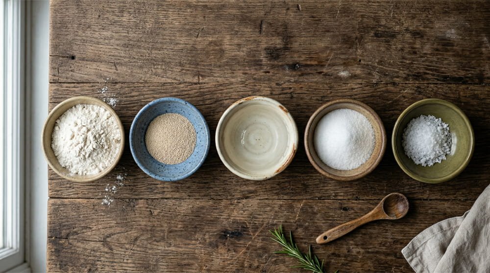 Overhead view of five small ceramic bowls containing flour, yeast, warm water, sugar, and salt on a weathered wooden table.