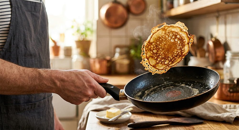 Close-up of a hand holding a black non-stick frying pan, effortlessly tossing a golden-brown pancake in the air with steam rising.