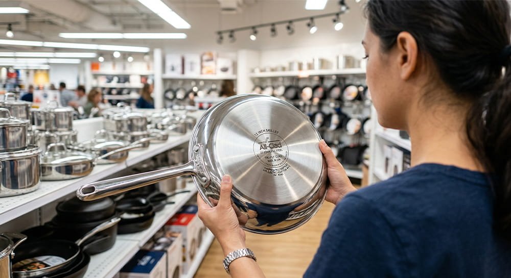 A person in a retail store holding up a stainless steel frying pan to carefully examine the thick metallic rings on its base.