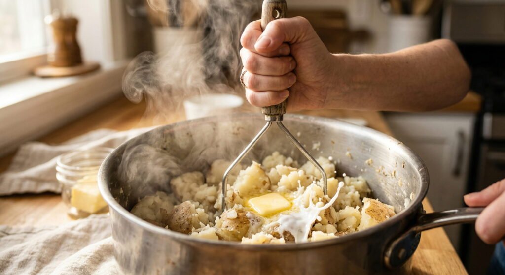 A hand using a wire potato masher to crush steaming hot russet potatoes with butter and milk in a stainless steel pot.
