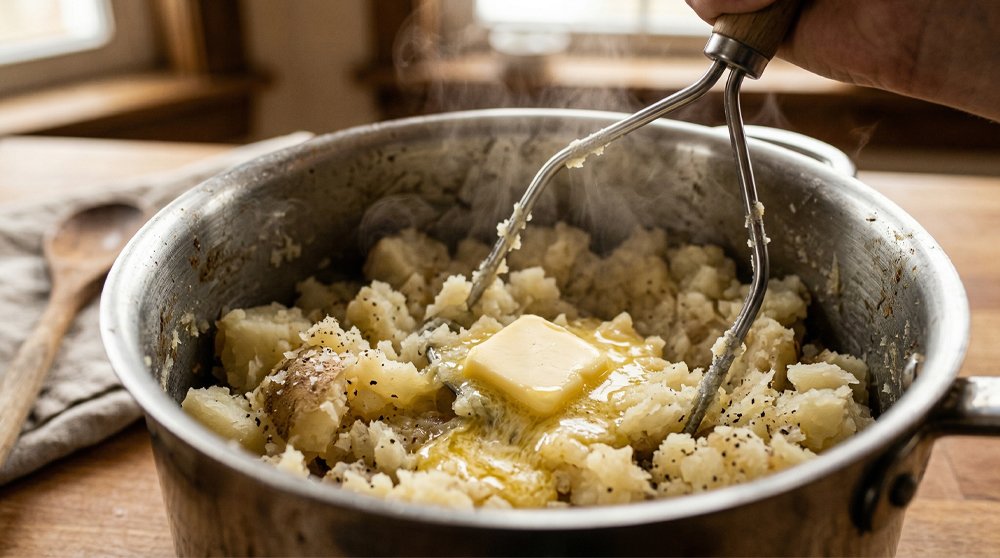 A close-up shot of a hand using a stainless steel potato masher to press down into hot, steaming chunks of boiled potatoes inside a metal pot, with a square of butter melting in the center.