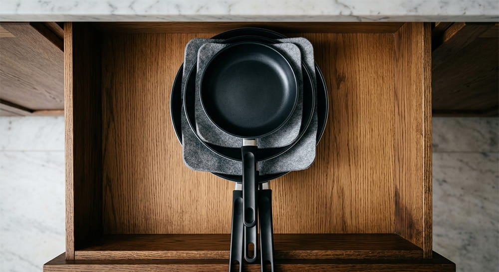 A top-down view inside a deep wooden kitchen drawer showing three frying pans neatly stacked with soft grey felt protectors between them.