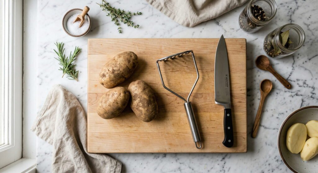 Flat lay of raw russet potatoes, a wire potato masher, a chef's knife, and a wooden cutting board on a white marble countertop.