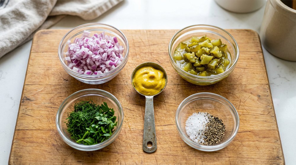 Top-down view of a wooden cutting board featuring small glass bowls filled with finely diced purple onions, chopped sweet pickles, and spices, alongside a metallic measuring spoon holding a thick dollop of yellow mustard.