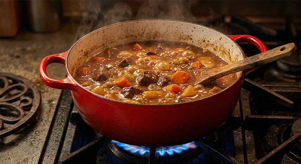 A vibrant red enameled cast iron Dutch oven sitting on a blue gas flame, filled with a bubbling, rich beef and vegetable stew.