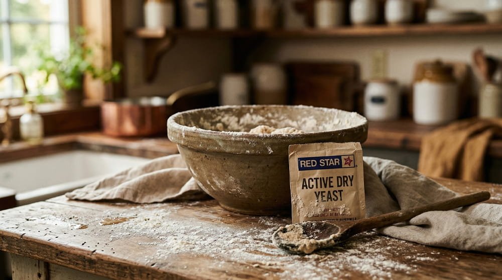 A rustic kitchen counter covered in dusted flour with a stoneware mixing bowl, a wooden spoon, and a packet of active dry yeast.