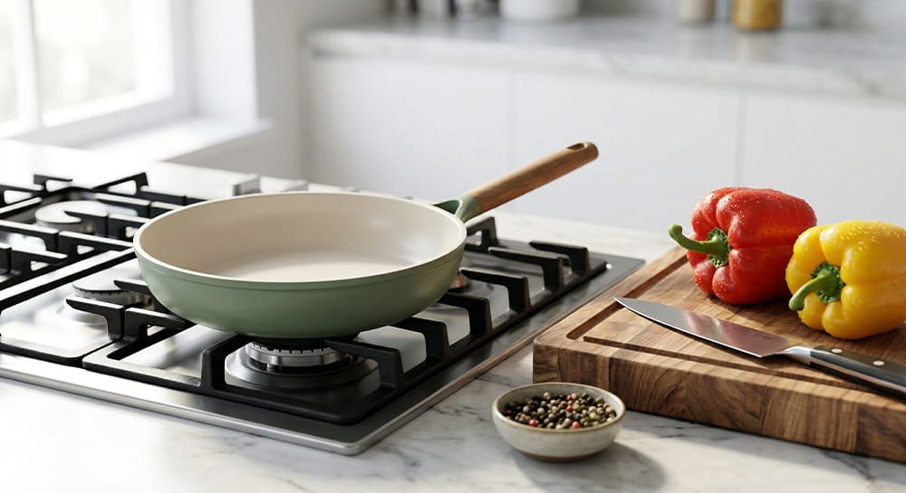 A sleek, sage green ceramic frying pan sits on a modern gas stove grate next to a wooden cutting board with fresh red and yellow bell peppers.