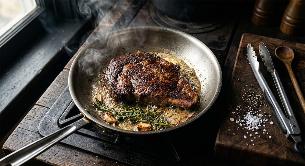 Overhead view of a thick steak searing in a stainless steel skillet with melted butter, fresh thyme, and roasted garlic.