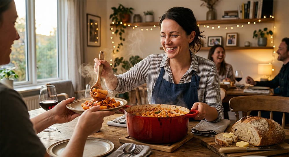 A smiling woman at a dining table serving steaming rigatoni pasta from a large red Dutch oven to her family.