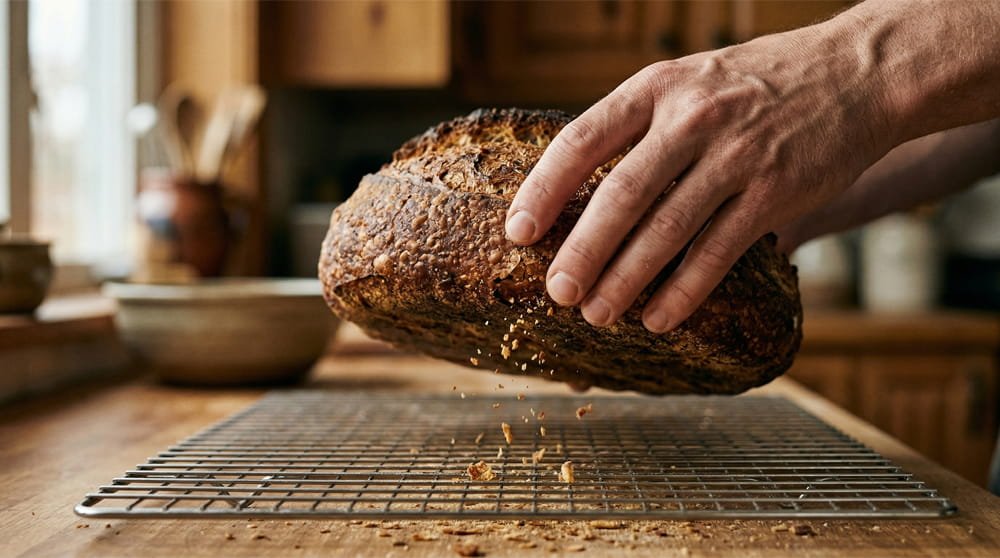 A baker's hand gently tapping the bottom of a freshly baked, crusty homemade bread loaf over a wire cooling rack.