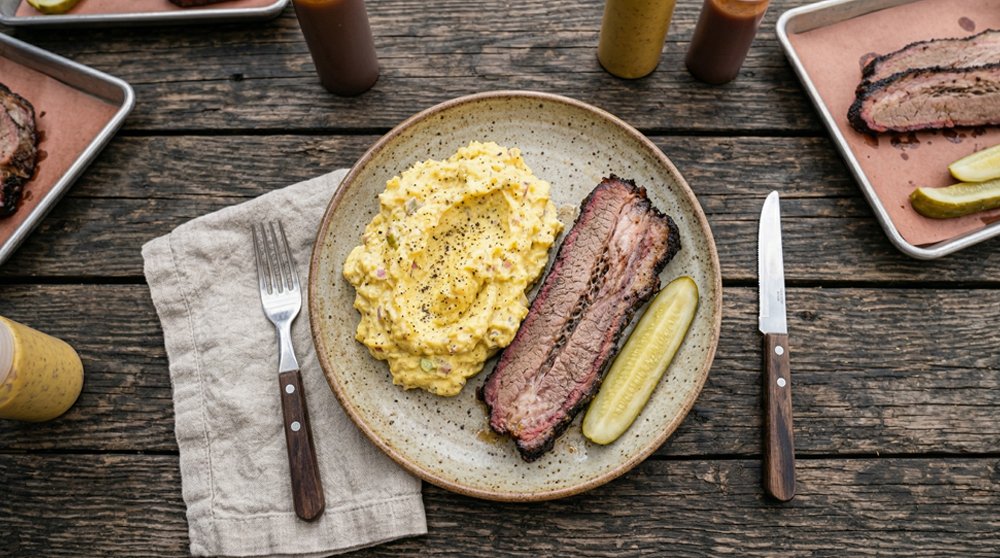 Overhead view of a rustic ceramic plate holding a large scoop of vibrant yellow mashed potato salad, a thick slice of smoked BBQ brisket, and a pickle spear, sitting on a dark wooden table.