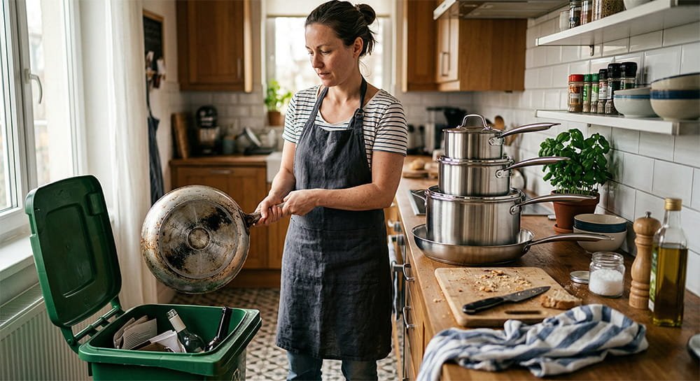 A person in a kitchen throws an old, scratched frying pan into the recycling bin while a brand new, shiny stainless steel cookware set sits stacked on the counter.