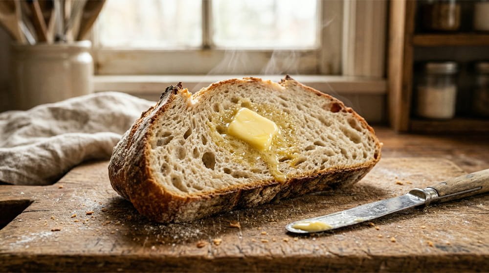 A thick slice of fresh, warm bread with a generous pat of butter melting into the soft, airy crumb on a rustic wooden cutting board.